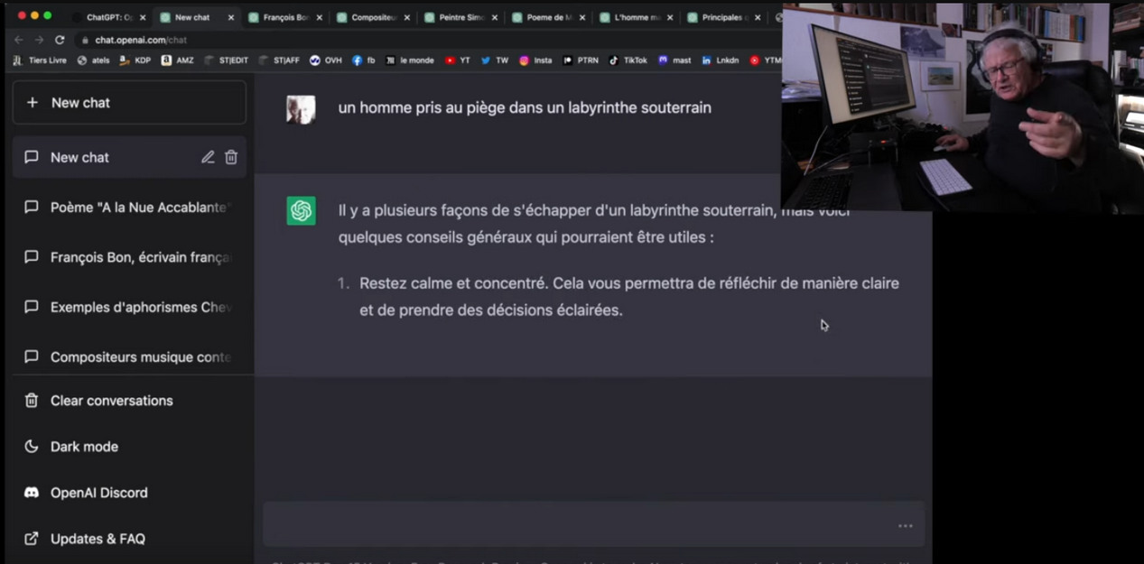 <em>François Bon et ChatGPT</em>. Capture de <a href="https://www.youtube.com/watch?v=_SpaaaD0Ssg&amp;t=2s">littérature &amp; intelligence artificielle, la bagarre a commencé !</a>