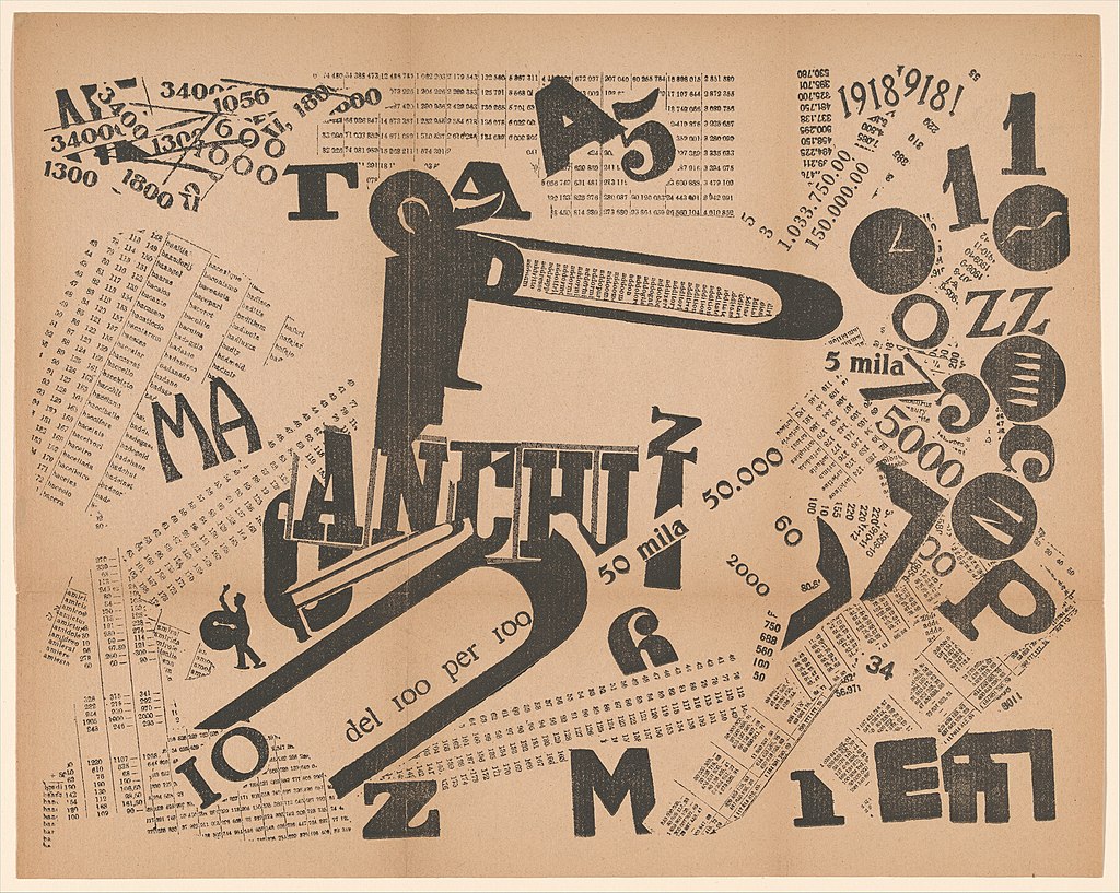 <em>A Tumultuous Assembly. Numerical Sensibility</em> (Une Assemblée tumultueuse. Sensibilité numérique) publié dans <em>Les mots en liberté futuristes</em>, 1919 (source Wikicommons)